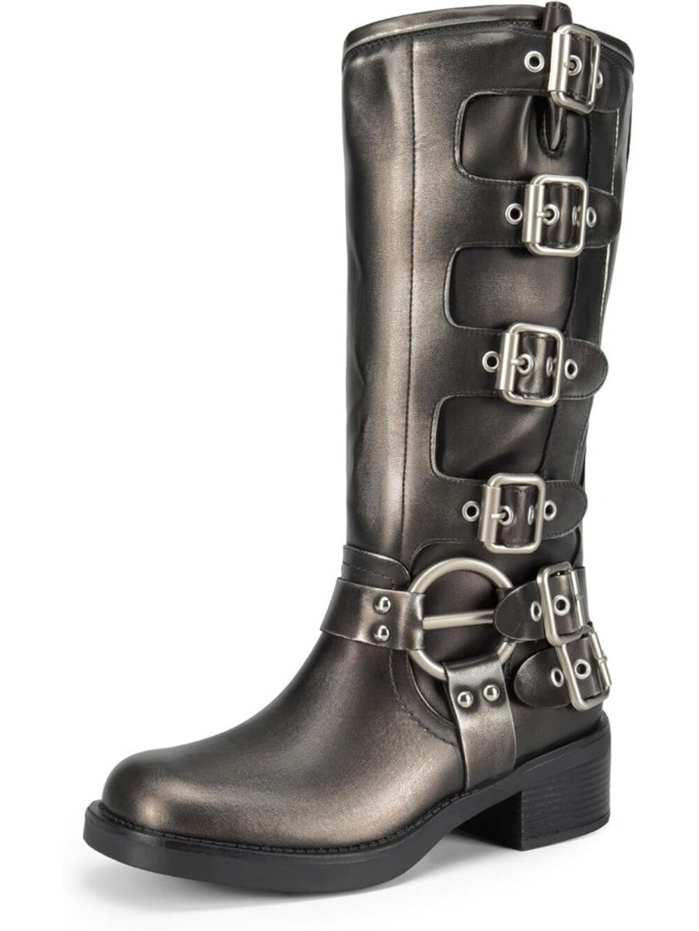 Women's Silver Knee High Riding Boots Side Zipper Motorcycle Boots
